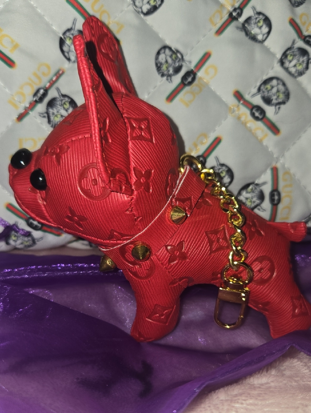 Red Embossed Dog Charm with Gold Chain Accent